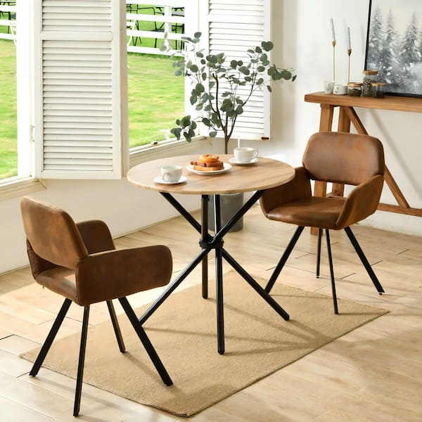 CALIFONTANA 3-Piece Natural Oak Round Wood Dining Table Set with 2 Brown Swivel Upholstered Chairs (Seats 2)