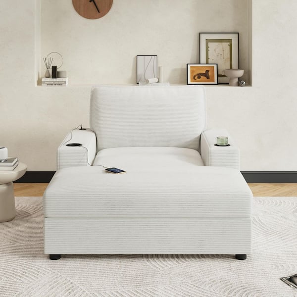 Dervan Modern Beige Corduroy Upholstered Accent Arm Chair Sofa Bed with Storage Ottoman, Cup Holder & USB Charging Port
