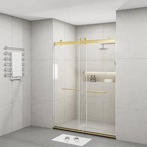 60 in. W x 76 in. H Double Sliding Frameless Soft Close Shower Door in Brushed Gold with 3/8 in. Clear Tempered Glass