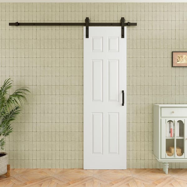 24 in. x 80 in. Waterproof White Primed 6-Panel Solid Core MDF No Assembly Required Sliding Barn Door with Hardware Kit