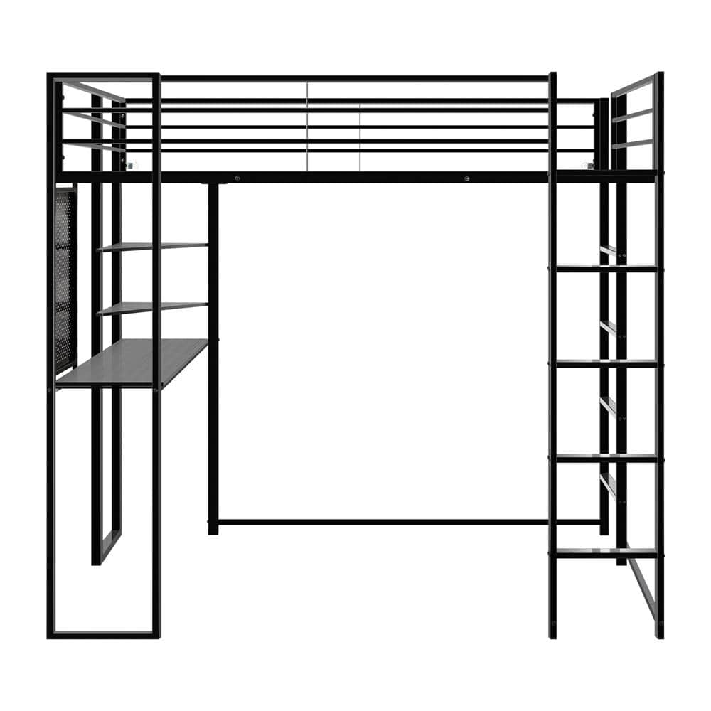 Black Twin Size Loft Bed with Desk and Shelves, Metal 2-Built-in ...