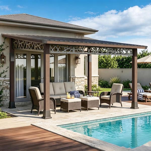 14 ft. x 12 ft. Premium Solid Wood Lean-to Hardtop Gazebo with Sloped Galvanized Steel Roof and Privacy Curtain