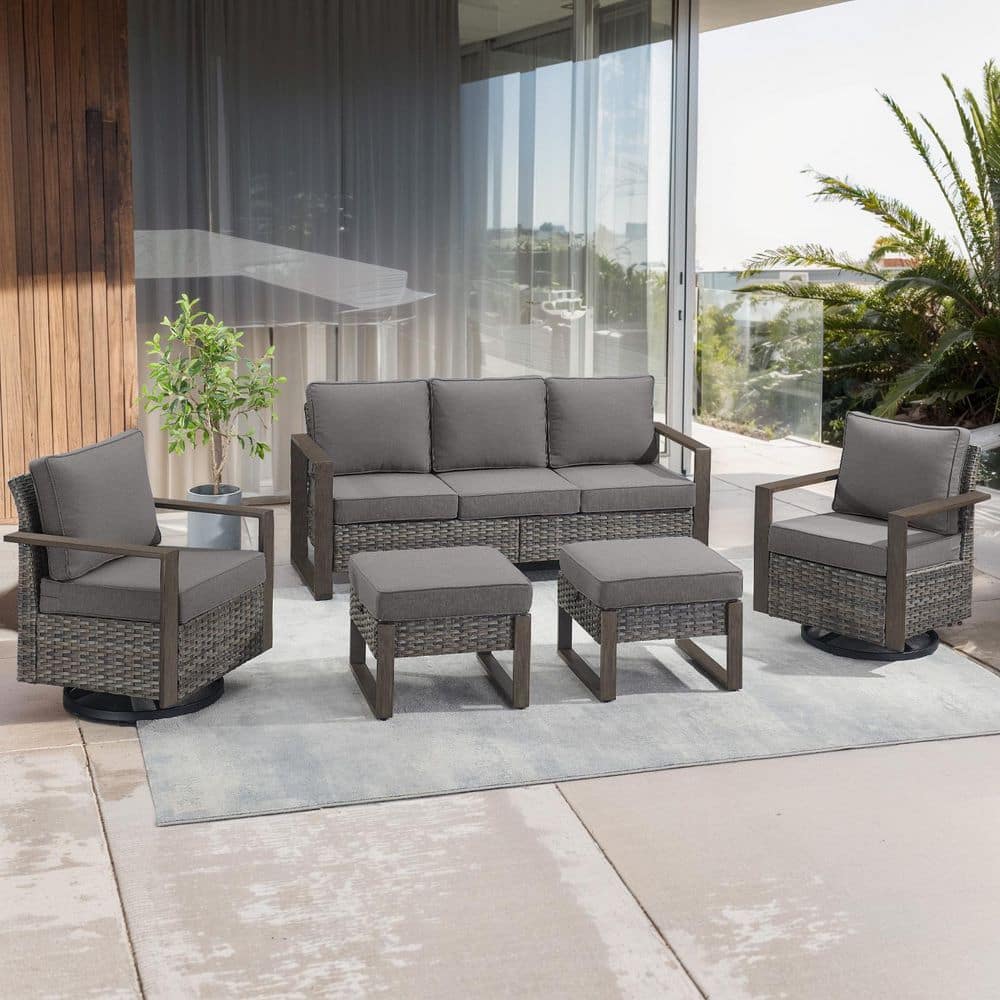 MetalWood 5-Piece Gray Wicker Patio Conversation Set with Swivel Gliders and 4.5 in. Olefin Gray Cushions price history on PriceWatchPro
