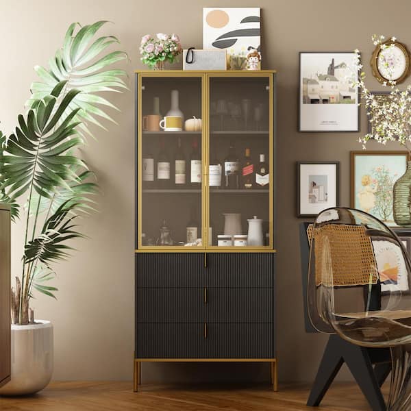 FUFU&GAGA Black and Gold 71.9 in. H Wooden Storage Cabinet, Bookcase, Sideboard with Tempered Glass Doors, 3-Drawer and 3-Shelf