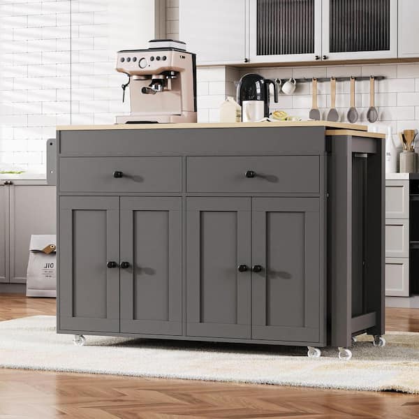 Gray Wood Top 74.5 in. Kitchen Island with Extendable Table, Hidden Wheels, and Ample Storage