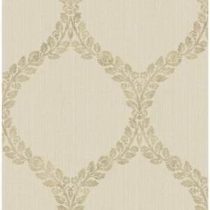 Oval Damask Beige and Gold Paper Non Pasted Strippable Wallpaper Roll (Cover 56.05 sq. ft.)