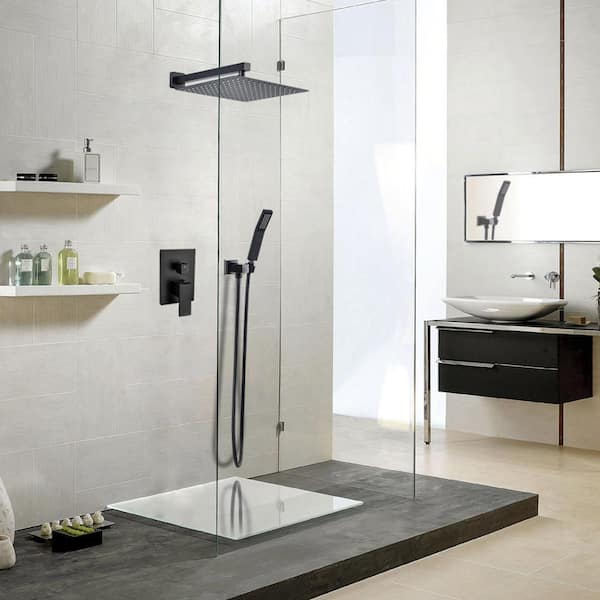 Single-Handle 1-Spray Square High Pressure 10 in. Shower Head in Black (Valve Included)