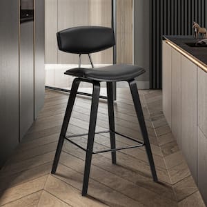 Fox 25.5 in. Mid-Century Counter Height Bar Stool in Black Faux Leather with Black Wood