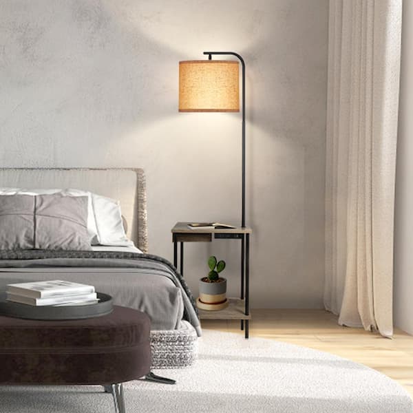 62 in. Gray Dimmable Tray Table Standard Floor Lamp with USB Charging Port Plus AC Outlet, Drawer and Remote Control