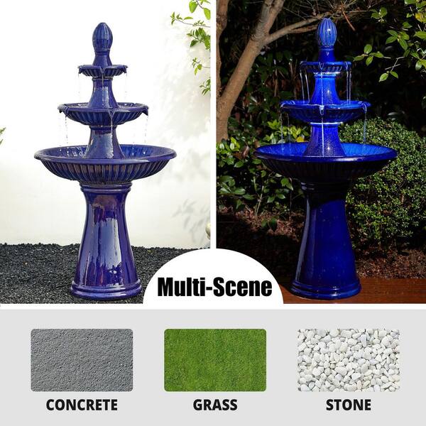 Glitzhome 45.25 in. H Oversized Cobalt Blue 3-Tier Ceramic Outdoor