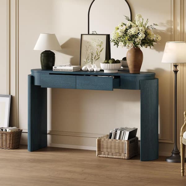 Fluted 55.1 in. Navy Blue Oval Wood Console Table Entryway Table with Drawers