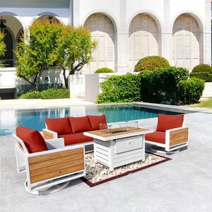 Denver 4-Piece Aluminum Outdoor Patio Fire Pit Seating Set with Sunbrella Canvas Terracotta Cushions