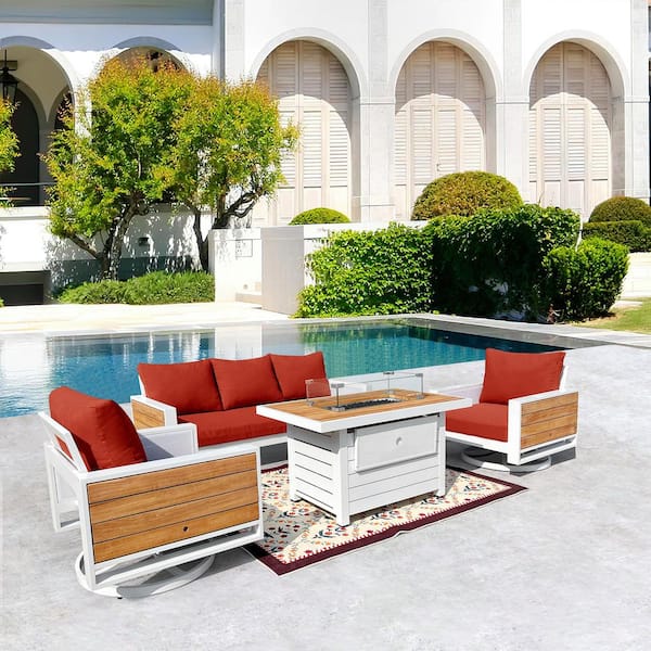 HiGreen Outdoor Denver 4-Piece Aluminum Outdoor Patio Fire Pit Seating Set with Sunbrella Canvas Terracotta Cushions