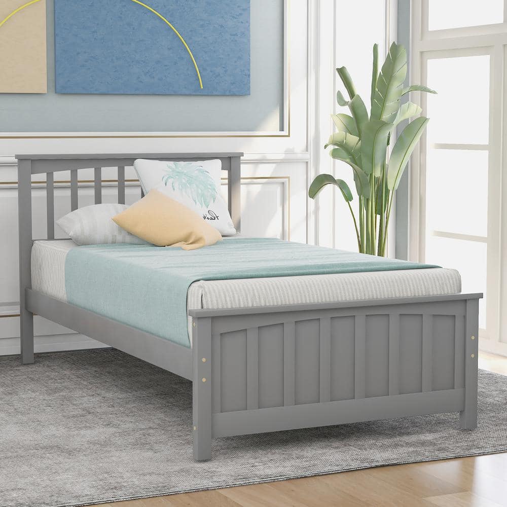 ANBAZAR Twin Size Gray Platform Bed Frame with Wood Slats Twin Size Kid Bed  Frame with Headboard No Box Spring Required 00290ANNA - The Home Depot