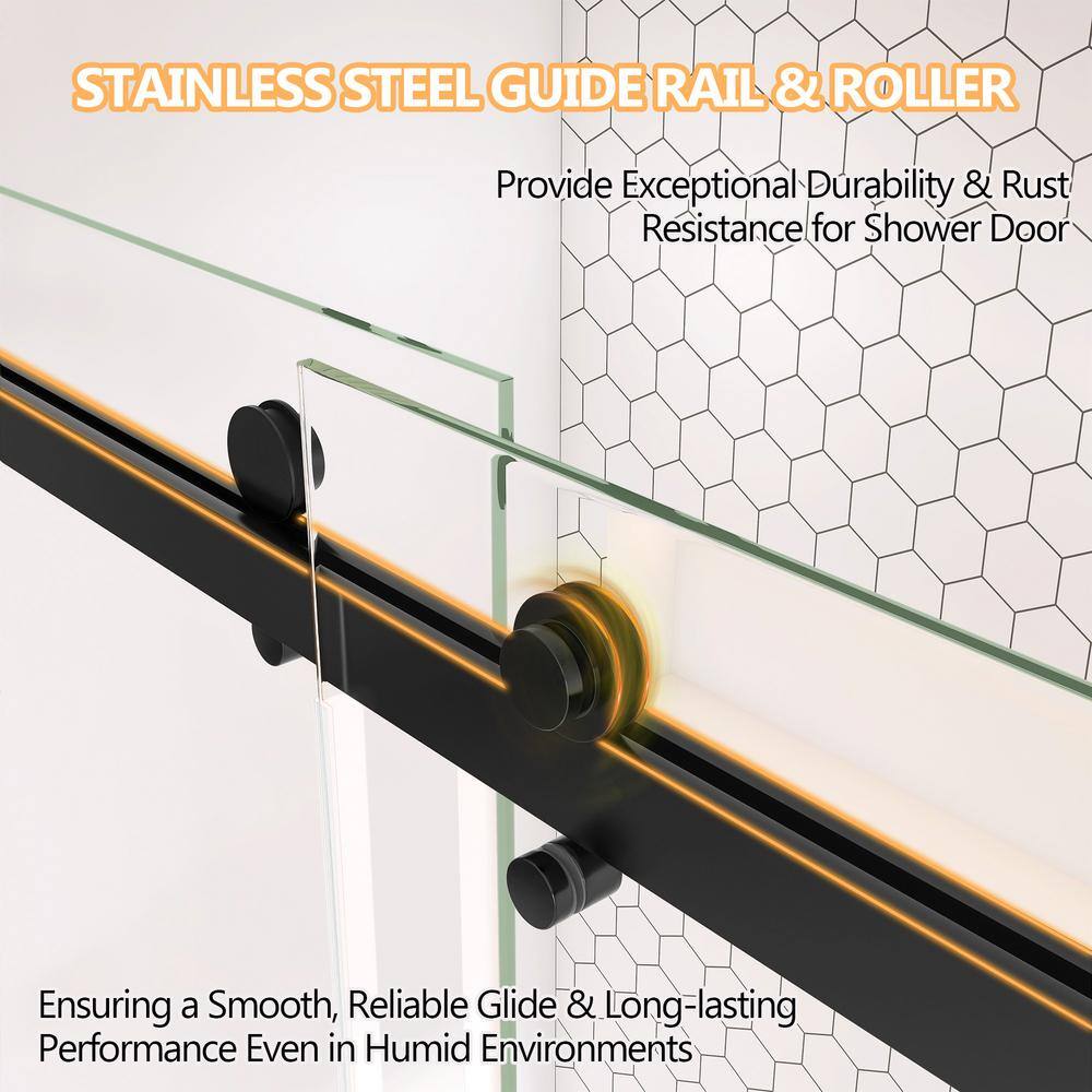 60-Inch Matte Black Frameless Sliding Shower Door with Clear Glass
