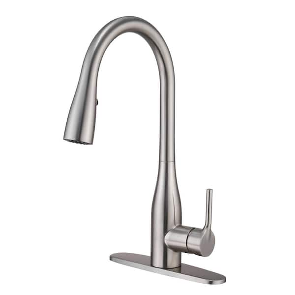 Mondawe Single-Handle 3 Patterns High Arc Pull Down Sprayer Kitchen Faucet Deck Mount Tulip Kitchen Faucet in Brushed Nickel
