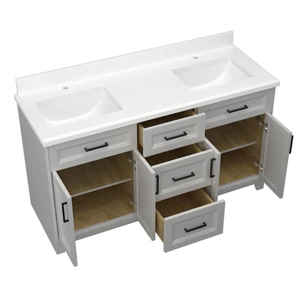 Unbranded Solid Wood 60 in. W x 21.5 in. D x 33.5 in. H Freestanding Bath Vanity in White with White Ceramic Top Under-mount Sink