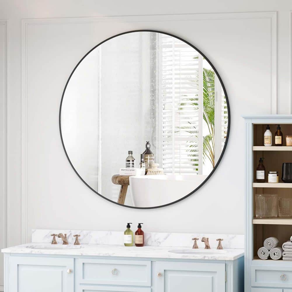 Black 42 in W x 42 in. H Round Metal Framed Mirror Circular Vanity Mirror D
