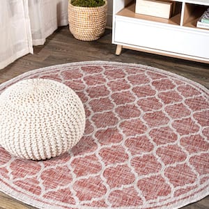 Trebol Moroccan Trellis Textured Weave Red/Beige 4 ft. Round Indoor/Outdoor Area Rug