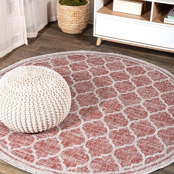 Trebol Moroccan Trellis Textured Weave Red/Beige 5 ft. Round Indoor/Outdoor Area Rug