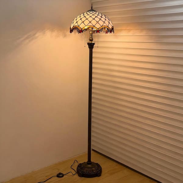 64 in. Tiffany Style Bronze Finish 2-Light Standard Floor Lamp with Multi-Colored Stained Glass Lamp Shade