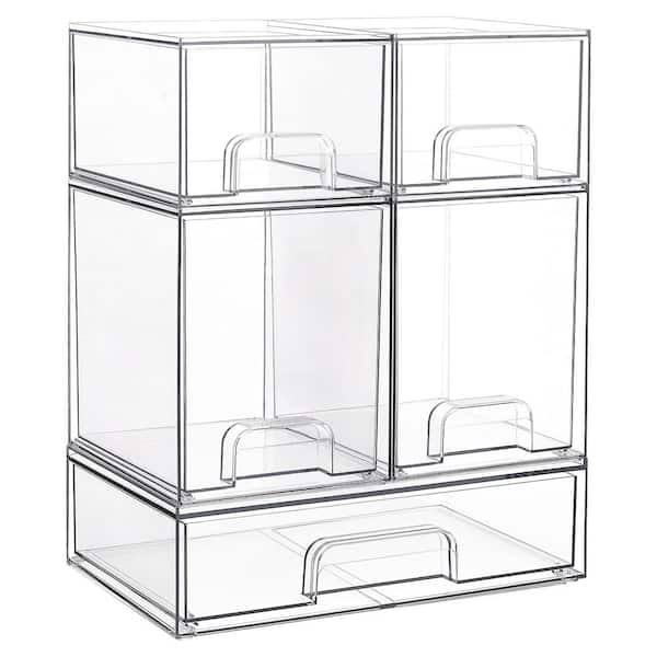 5-Pack Stackable Clear Plastic Over-the-Cabinet Vanity Organizer with Built-in Handle, 2 Small+2 High+1 Wide
