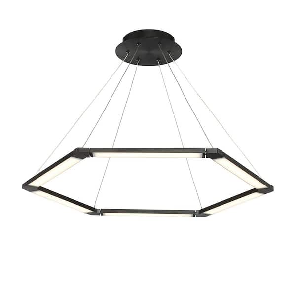 Lune 32 in. 28-Watt 6 light Black Geometric Integrated LED Pendant Light with Glass Shade