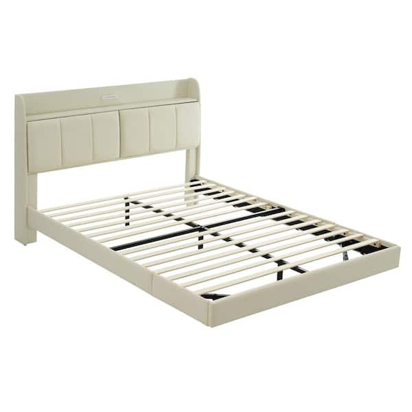 Polibi Modern Beige Wood Frame Queen Size Upholstered Platform Bed with Storage Headboard, Night Light and USB Charger