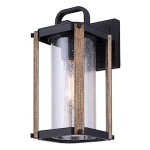 Aki 12 in. Black and Wood Outdoor Hardwired Lantern Sconce