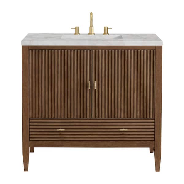 James Martin Vanities Myrrin 36.0 in. W x 23.5 in. D x 34.06 in. H Single Bathroom Vanity Mid-Century Walnut and Victorian Silver Quartz Top