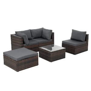 Brown 5 Piece PE Wicker Outdoor Patio Sectional Set Couch with Coffee Table and Gray Cushion for Garden, Backyard