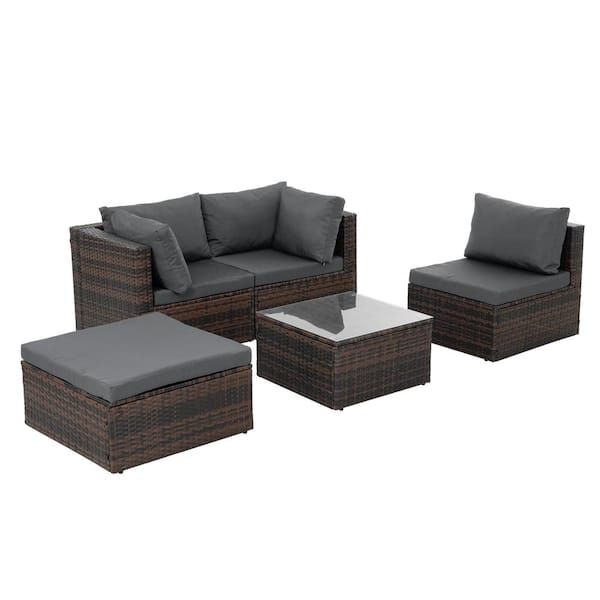 Zeus & Ruta Brown 5 Piece PE Wicker Outdoor Patio Sectional Set Couch with Coffee Table and Gray Cushion for Garden, Backyard