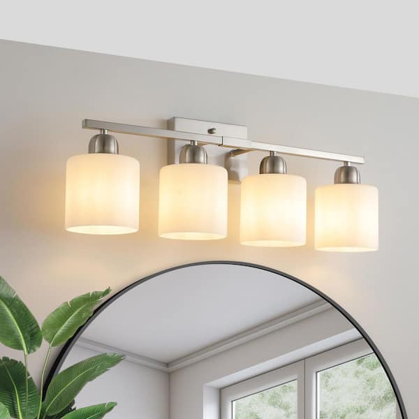 25 in. 4-Light Brushed Nickel Modern Bathroom Vanity Light with Milky White Frosted Glass Shades(Bulb Not Included)