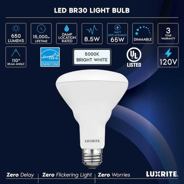 LUXRITE 65 Watt Equivalent BR30 Dimmable LED Light Bulbs 8.5W