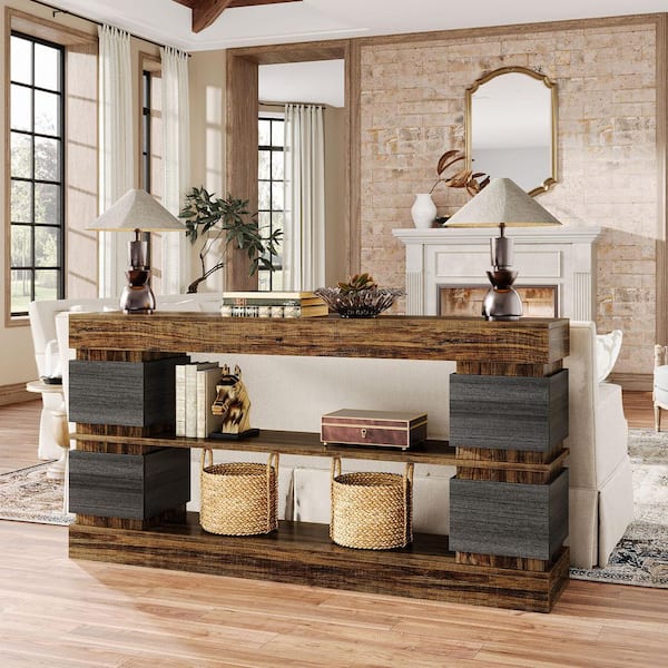 BYBLIGHT Turrella 63 in. Rustic Brown & Dark Gray Rectangle Wood Console Table, 3-Tier Farmhouse Sofa Table for Living Room