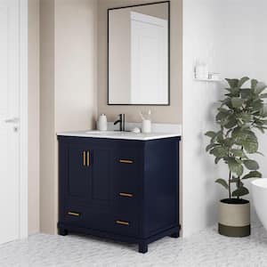 Rion 36 in. Navy Bathroom Vanity with White Composite Granite Vanity Top with Ceramic Oval Sink and Backsplash