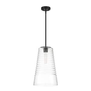 Ingo 60-Watt 1-Light Matte Black Pendant with Clear Ribbed Glass Shade