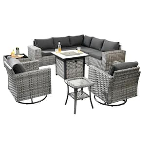 Crater Grey 10-Piece Wicker Outdoor Patio Fire Pit Conversation Sofa Set with Swivel Rocking Chairs and Black Cushions