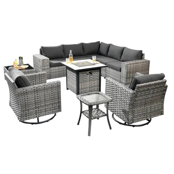 Crater Grey 10-Piece Wicker Outdoor Patio Fire Pit Conversation Sofa Set with Swivel Rocking Chairs and Black Cushions