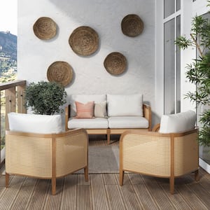 Twila 3-Piece Wicker Patio Set, Bohemian Solid Wood Loveseat and Chairs Conversation Set with Linen White Cushions
