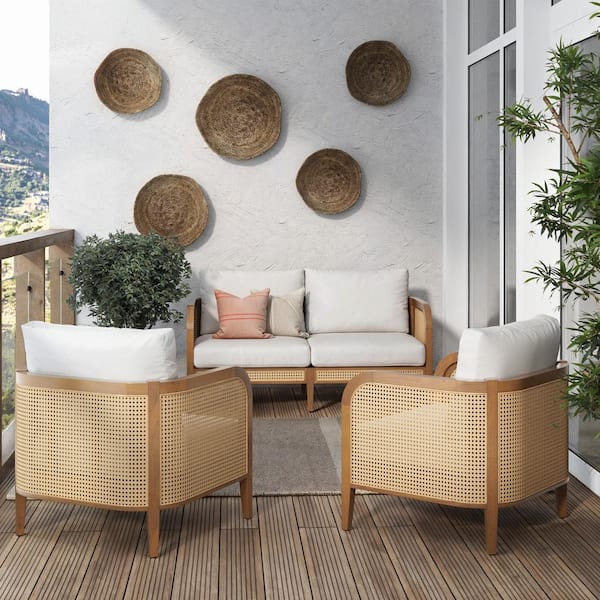 Nathan James Twila 3-Piece Wicker Patio Set, Bohemian Solid Wood Loveseat and Chairs Conversation Set with Linen White Cushions