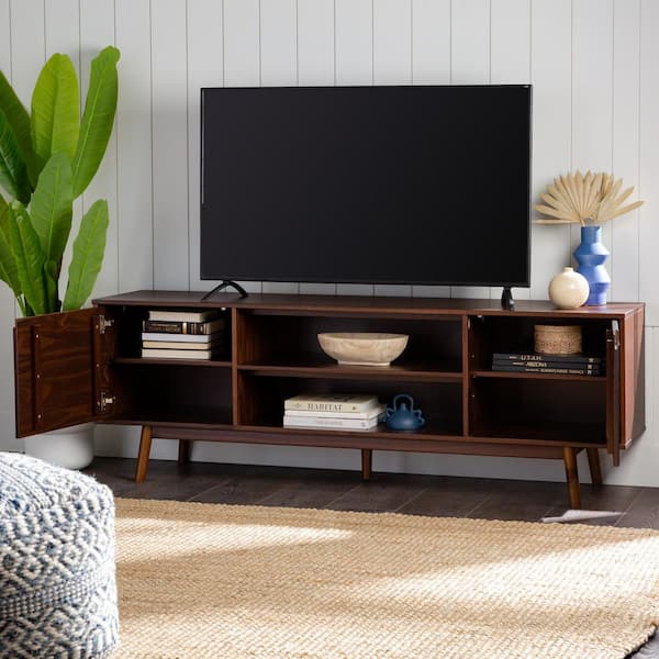 70 in. Mid-Century Modern Walnut Solid Wood TV Stand with 2 Doors (Max TV Size 80 in.)