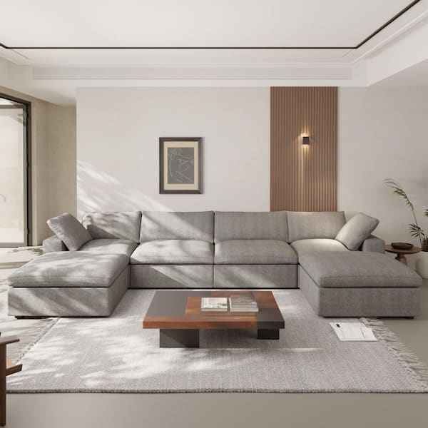 J&E Home 6-Piece Gray Linen U Shaped Sectional Sofa Living Room Set with Removable Covers and Ottoman