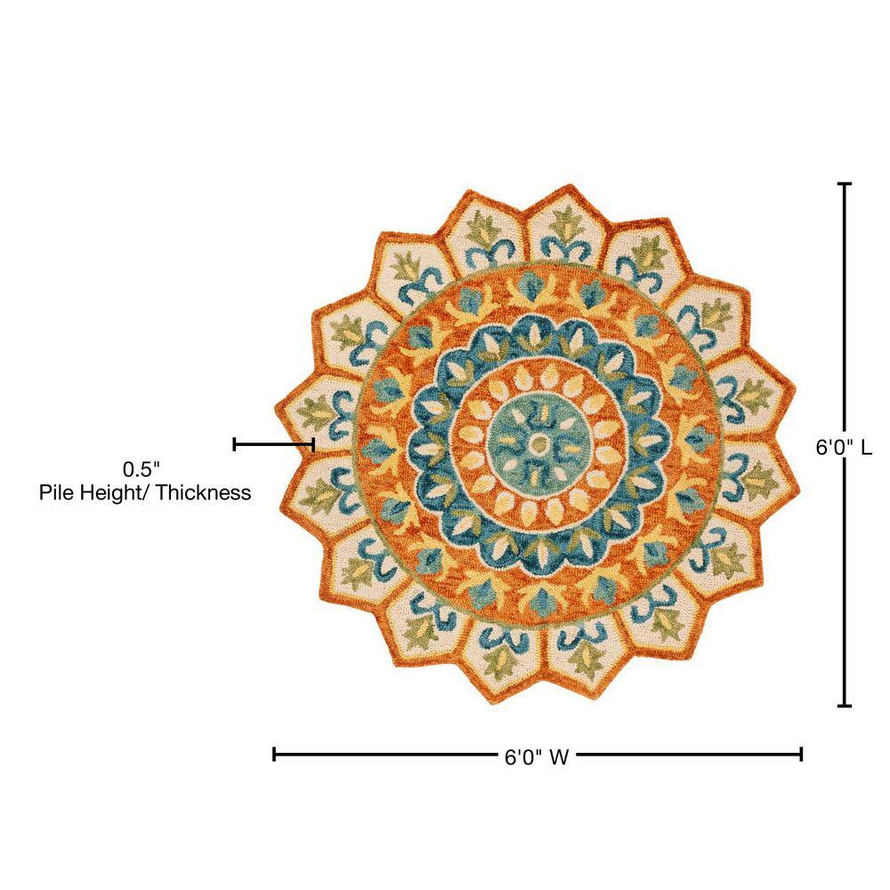 Handmade Tufted Round Rust/Ivory Floral Wool Rug, 6' x 6'