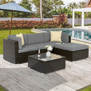 5-Pieces PE Rattan Wicker Outdoor Conversation Sectional Sofa Sets Sofa Sets With Tempered Glass Table in Gray