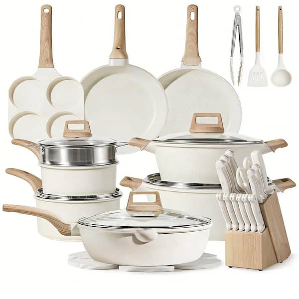 35-Piece Pots and Pans Set, Nonstick Cookware Sets, White Granite Induction Cookware with Kitchen Knife Set