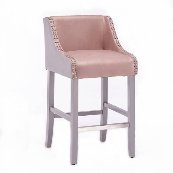 URTR Lovely 37.7 in. Pink Low Back Wood Bar Stool Side Chairs Dining Chair with Fabric Seat Nail Head Trim (Set of 2)