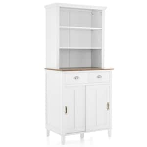 Freestanding White Kitchen Pantry Storage Cabinet Buffet w/Hutch Sliding Door & Drawer