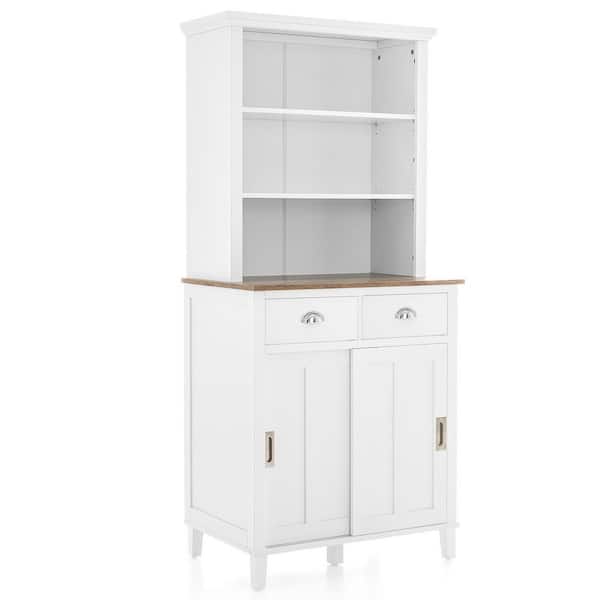 Costway Freestanding White Kitchen Pantry Storage Cabinet Buffet w/Hutch Sliding Door & Drawer