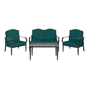 Laurel Oaks 4-Piece Black Steel Outdoor Patio Conversation Seating Set with CushionGuard Malachite Green Cushions